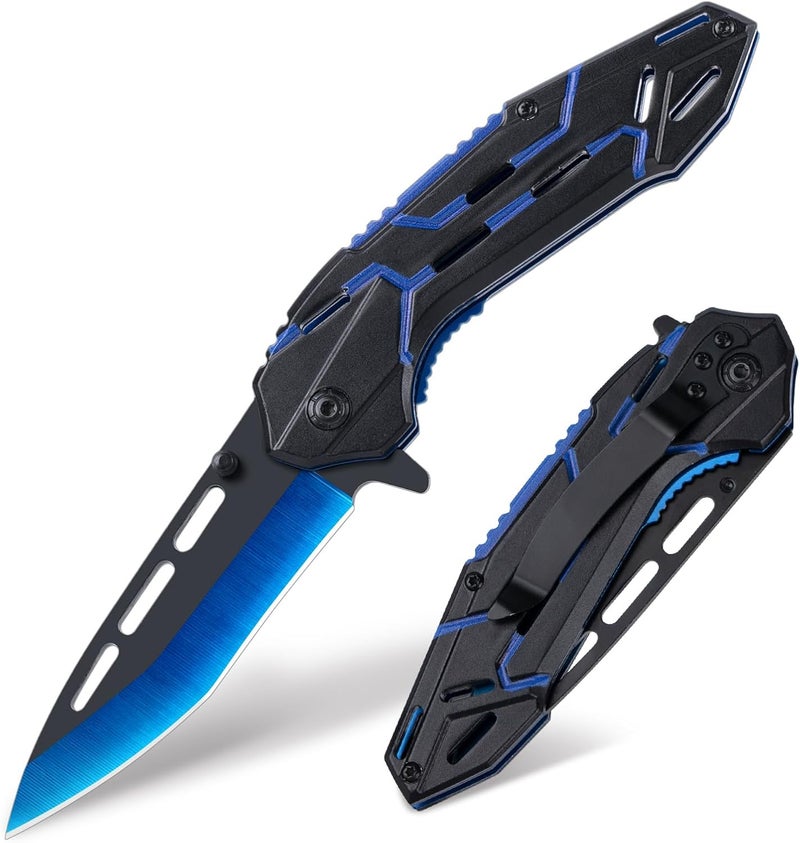 FUNBRO Cool Pocket Knife for Men, Camping Knife with 3.4” Stainless Steel Blade, EDC Folding Knives with Clip for Outdoor Hiking, Gifts for Dad Him Husband (Blue) - Image 1